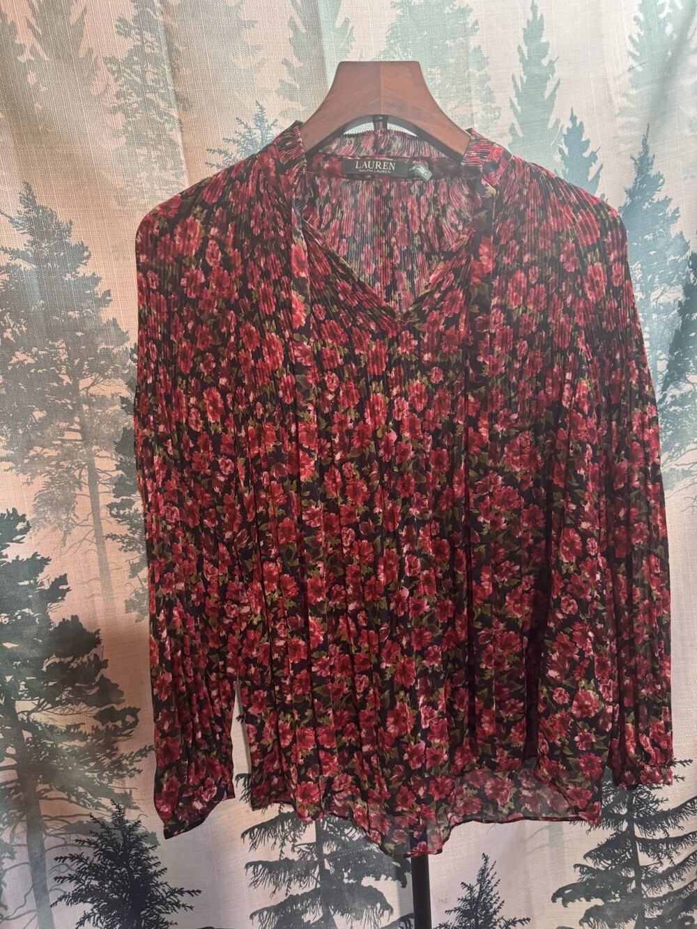 LAUREN Ralph Lauren Women’s Small S Pleated Floral Tie Neck Blouse Long Sleeve